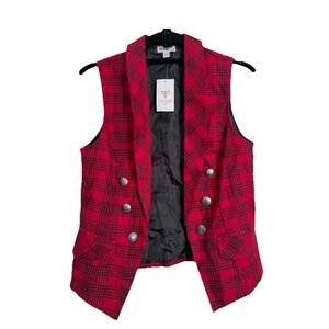 Guess Plaid Vest Open‎ Front Sleeveless Blazer Red Size S Button Detail Y2K